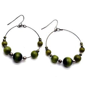 Olive Green Beaded Wire Hoop Earrings